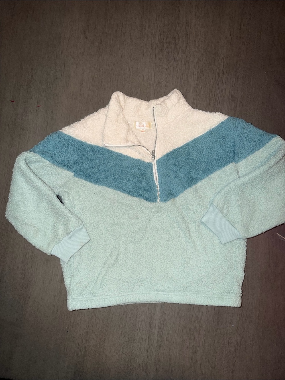 Cozy Sherpa Quarter-Zip Pullover Jacket - Light Blue & Cream
